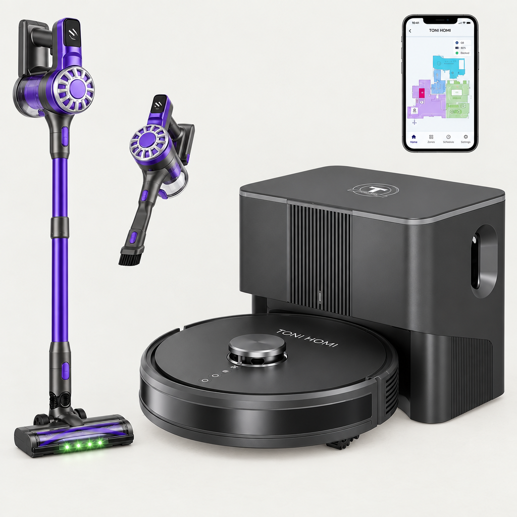 TONI HOMI Q8 met station, V07 steelstofzuiger en app, combi deal