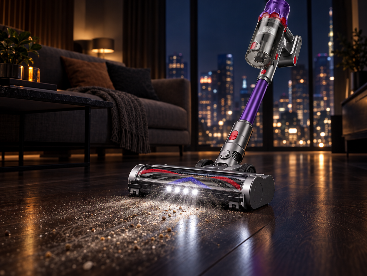 TONIHOMI V8 vloerborstel met LED op donkere vloer